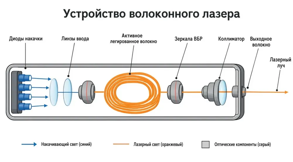 схема устройства волоконного лазера с диодами накачки и активным волокном