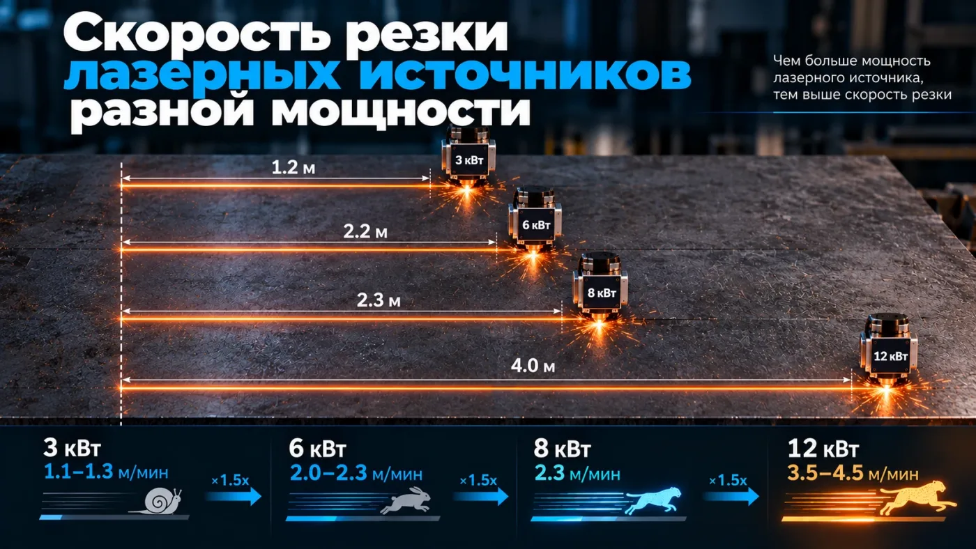 Скорость резки лазерных источников разной мощности: 3, 6, 8 и 12 кВт