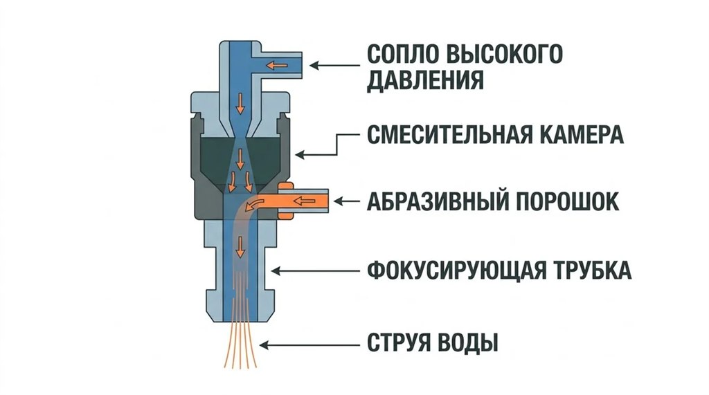 Схема устройства режущей головки гидроабразивного станка