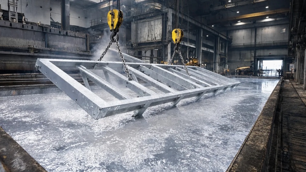 Горячее цинкование металлоконструкций — погружение в ванну с
расплавленным цинком