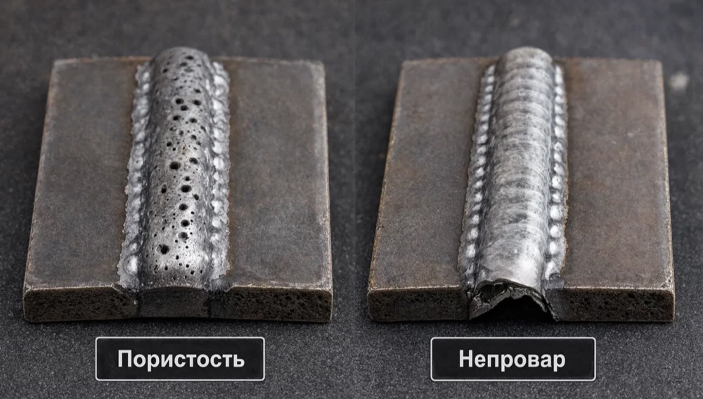 Типичные дефекты сварного шва при лазерной сварке — пористость и
непровар