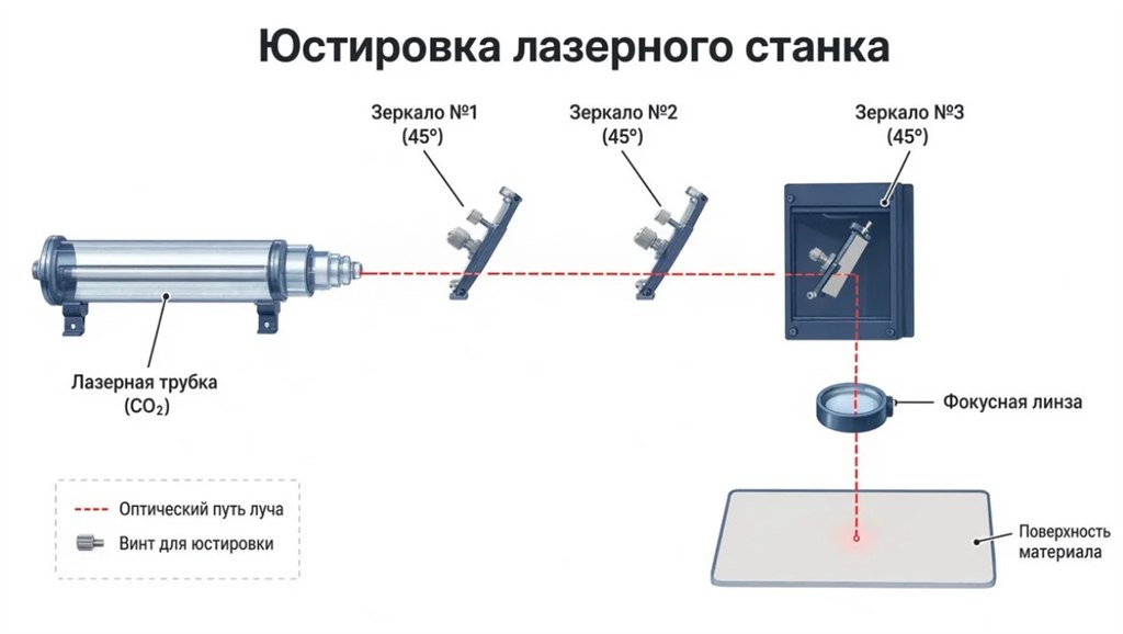 Схема юстировки лазерного станка: лазерная трубка, три зеркала и линза