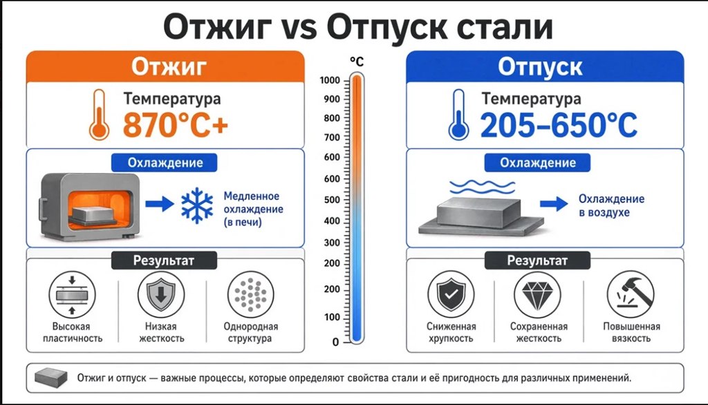 схема сравнения отжига и отпуска стали по температуре и результату