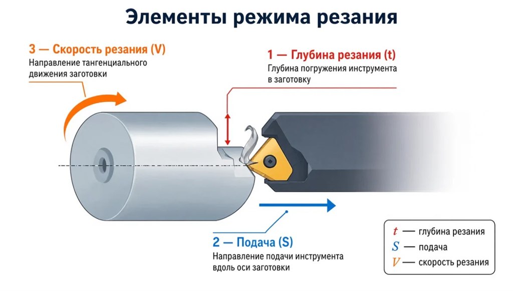 схема элементов режимов резания при точении