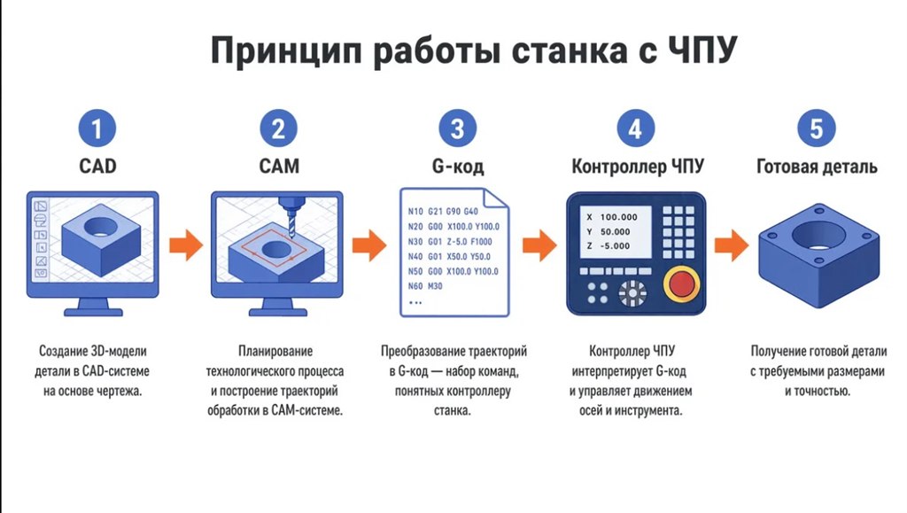 Схема принципа работы станка с ЧПУ