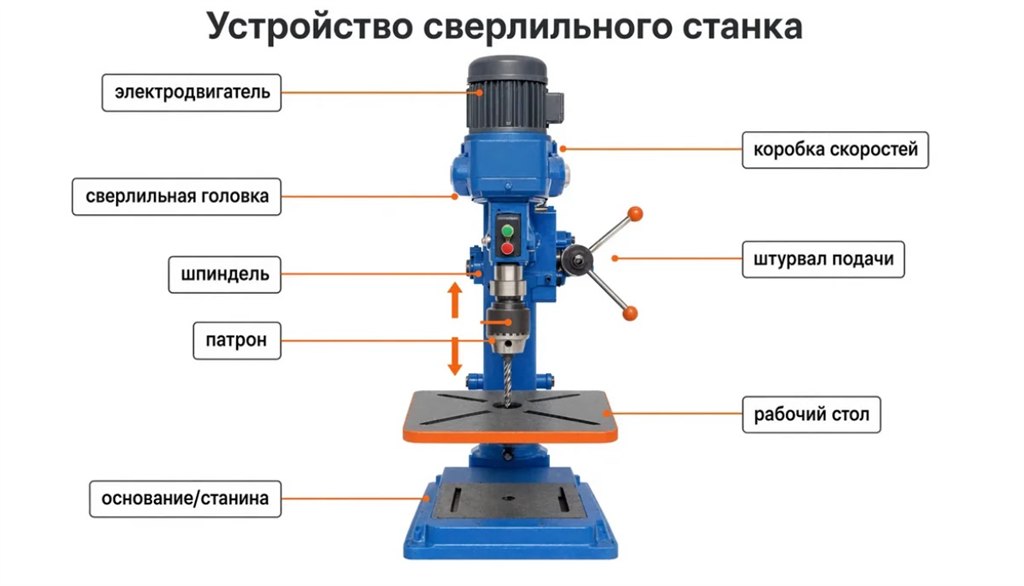 Схема устройства сверлильного станка