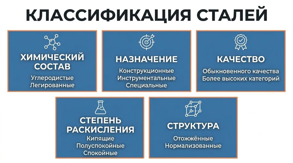Инфографика классификации видов стали по основным признакам